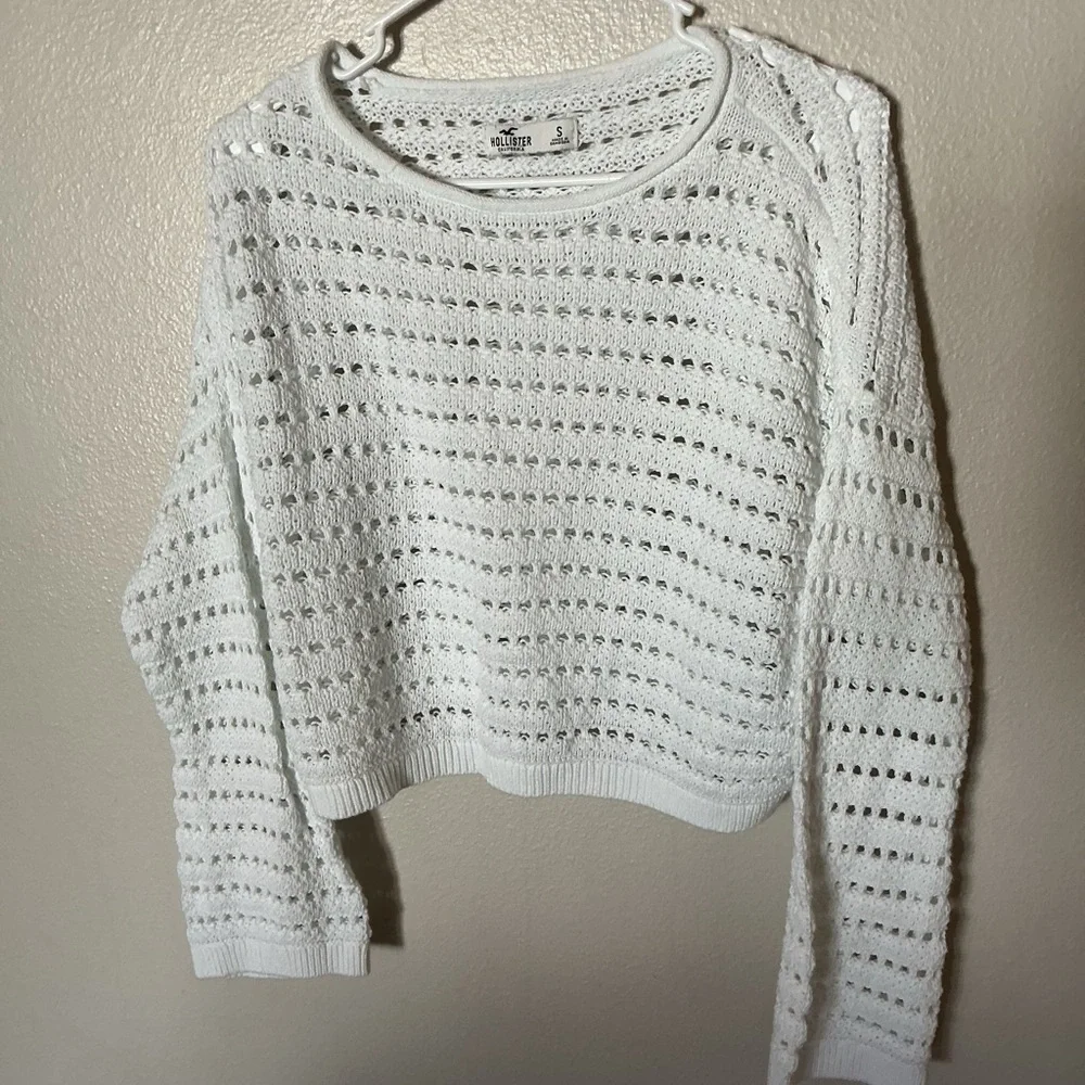 Hollister White Open-Knit Crochet Sweater Crop Small Boho Beach Cover-up - Picture 2 of 5